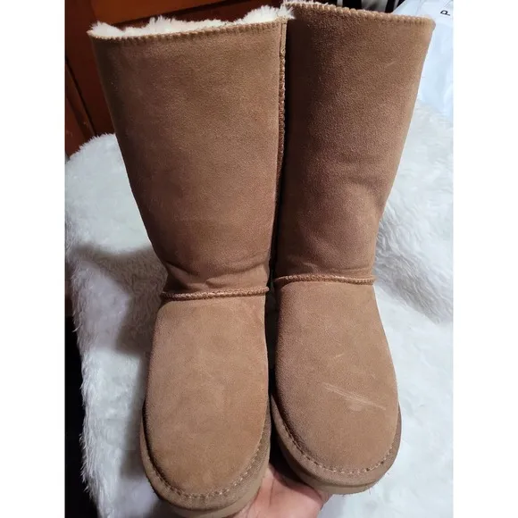 UGG Australia Girls Brown Faux Fur Boots With Ribbons F19010D sz 12