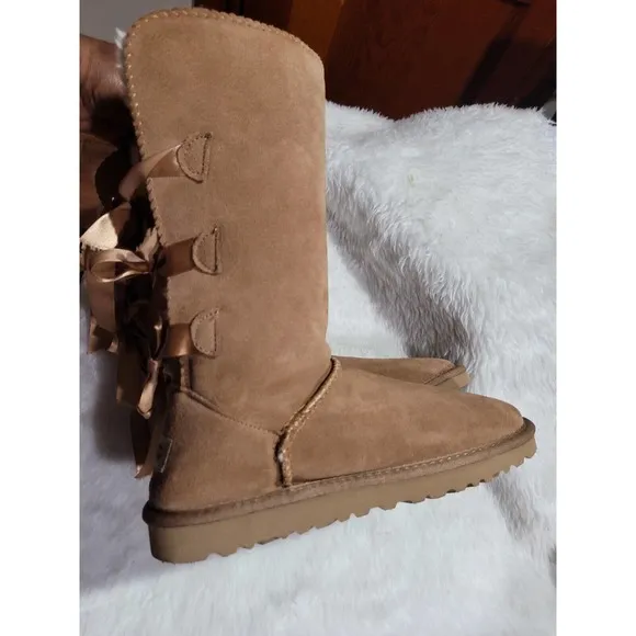 UGG Australia Girls Brown Faux Fur Boots With Ribbons F19010D sz 12