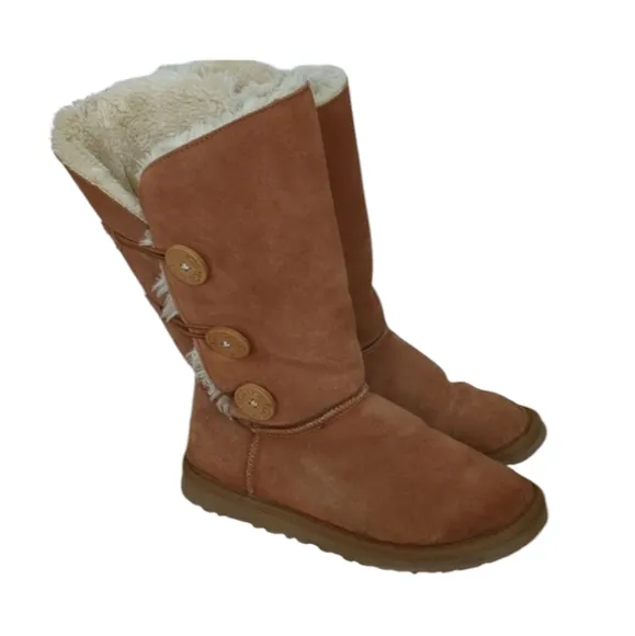 Ugg Bailey Boots Women's Size 7 Brown With Buttons And Faux Fur Trim