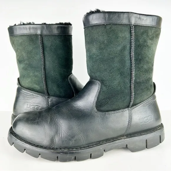 UGG Beacon Black Suede Leather Waterproof Pull On Sheepskin Lined Winter Boots
