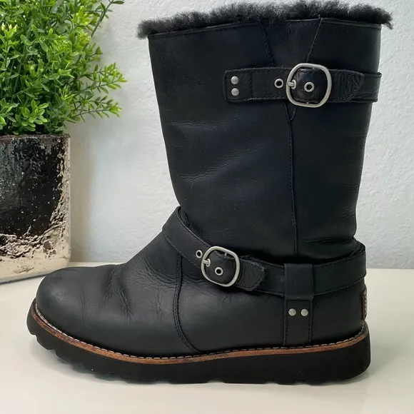 UGG Black Noira Leather Women’s Moto Boots Size 8 Waterproof