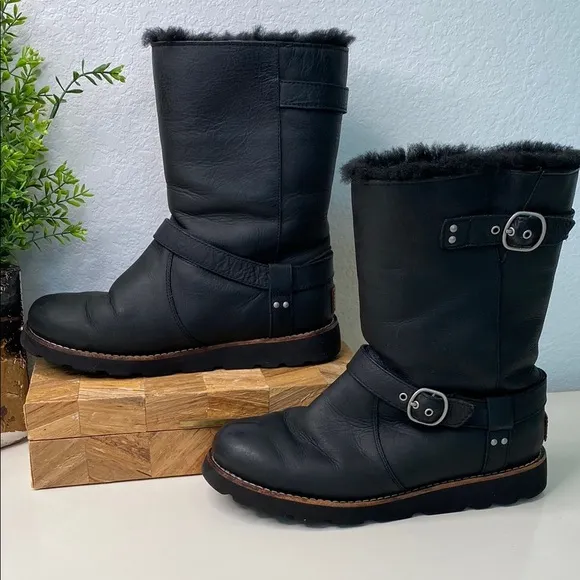 UGG Black Noira Leather Women’s Moto Boots Size 8 Waterproof