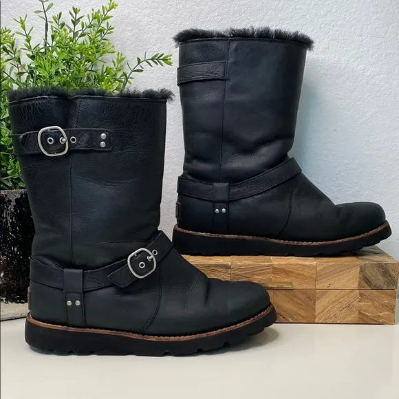 UGG Black Noira Leather Women’s Moto Boots Size 8 Waterproof