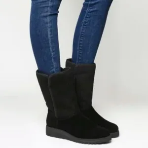 Ugg Black Suede Mid Calf Wedge Heel Boots Women's Size 9.5 Cozy Winter Footwear