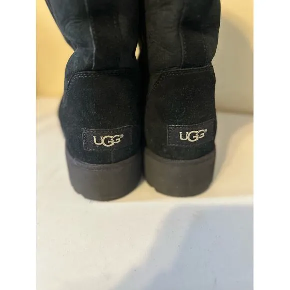 Ugg Black Suede Mid Calf Wedge Heel Boots Women's Size 9.5 Cozy Winter Footwear