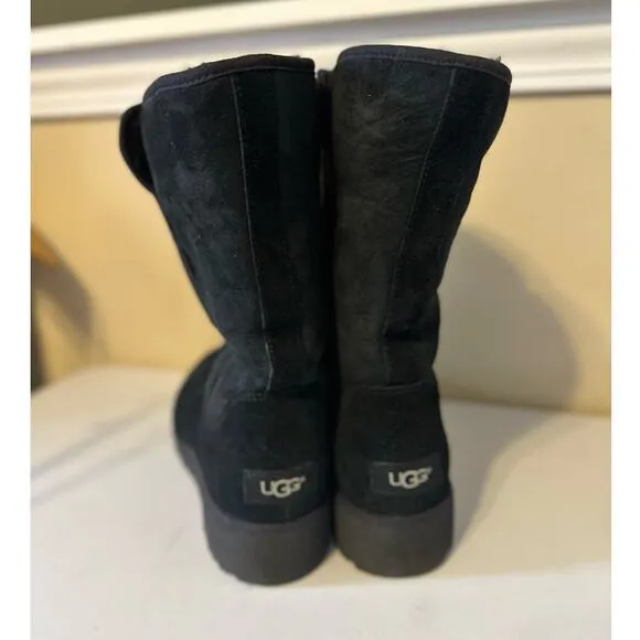 Ugg Black Suede Mid Calf Wedge Heel Boots Women's Size 9.5 Cozy Winter Footwear