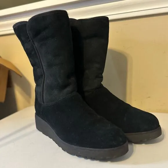 Ugg Black Suede Mid Calf Wedge Heel Boots Women's Size 9.5 Cozy Winter Footwear