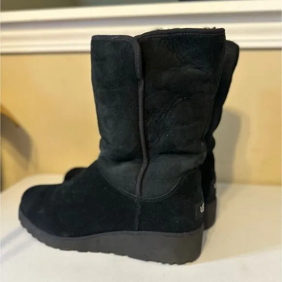 Ugg Black Suede Mid Calf Wedge Heel Boots Women's Size 9.5 Cozy Winter Footwear