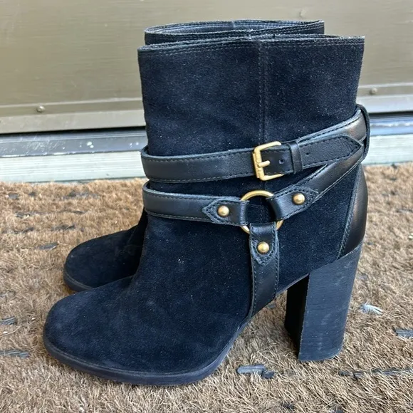 Ugg Dandridge Black Suede Heeled Ankle Boots Leather Women's Sz 7 Excellent