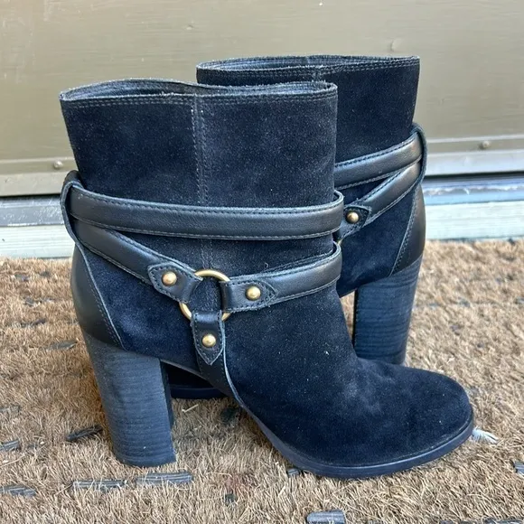 Ugg Dandridge Black Suede Heeled Ankle Boots Leather Women's Sz 7 Excellent