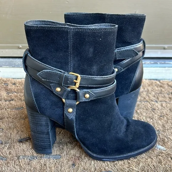 Ugg Dandridge Black Suede Heeled Ankle Boots Leather Women's Sz 7 Excellent