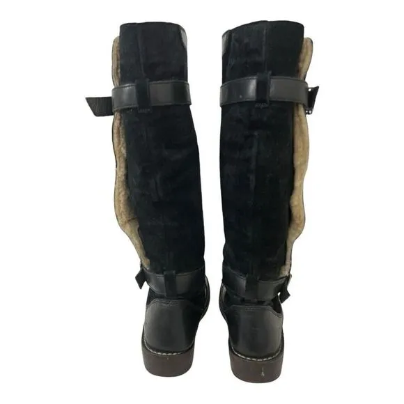 Ugg Dunwich Boots Size 7 Black Suede Sheepskin Adjustable Calf Sherpa Tall
