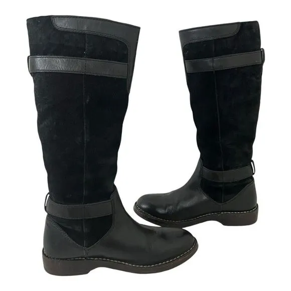 Ugg Dunwich Boots Size 7 Black Suede Sheepskin Adjustable Calf Sherpa Tall