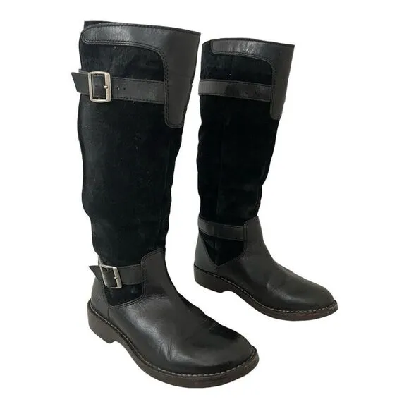 Ugg Dunwich Boots Size 7 Black Suede Sheepskin Adjustable Calf Sherpa Tall