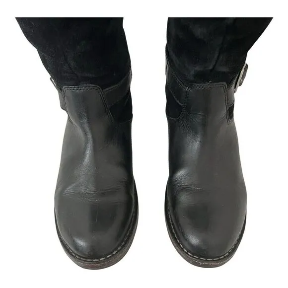 Ugg Dunwich Boots Size 7 Black Suede Sheepskin Adjustable Calf Sherpa Tall