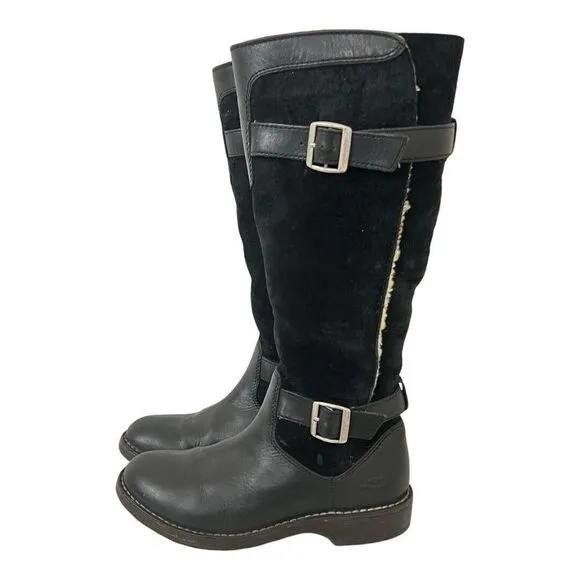 Ugg Dunwich Boots Size 7 Black Suede Sheepskin Adjustable Calf Sherpa Tall