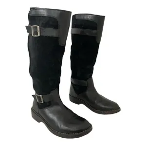 Ugg Dunwich Boots Size 7 Black Suede Sheepskin Adjustable Calf Sherpa Tall