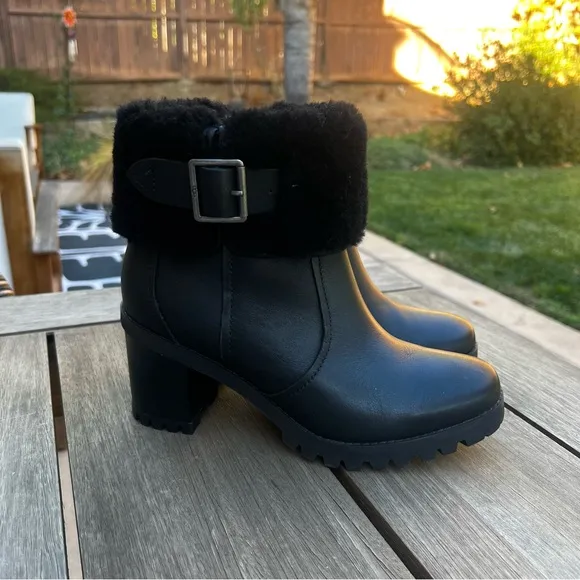 UGG Elisiana Boots Waterproof Leather Stacked Heel in Black