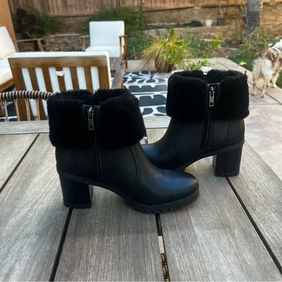 UGG Elisiana Boots Waterproof Leather Stacked Heel in Black