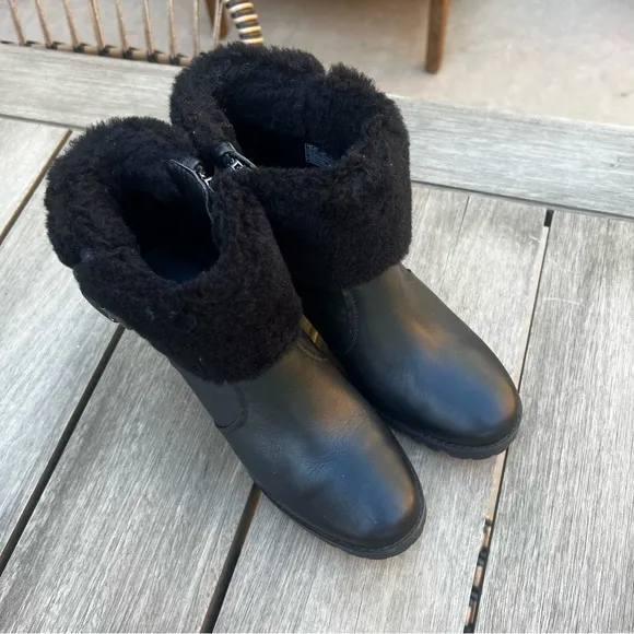UGG Elisiana Boots Waterproof Leather Stacked Heel in Black