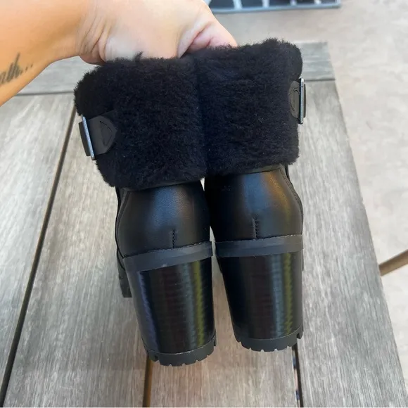 UGG Elisiana Boots Waterproof Leather Stacked Heel in Black