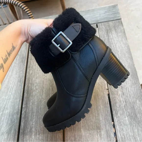 UGG Elisiana Boots Waterproof Leather Stacked Heel in Black