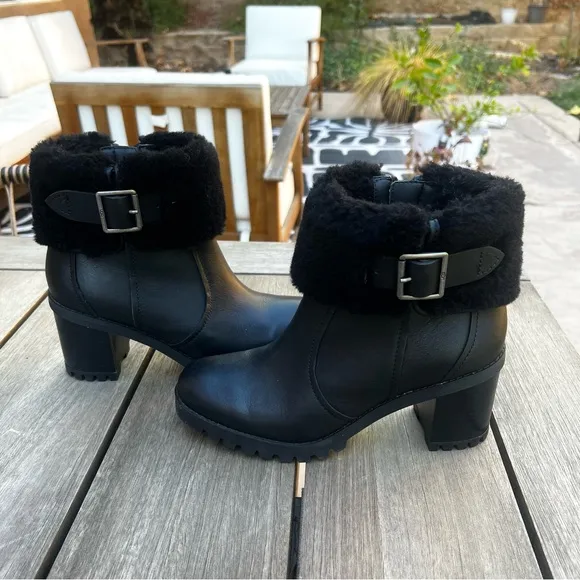 UGG Elisiana Boots Waterproof Leather Stacked Heel in Black