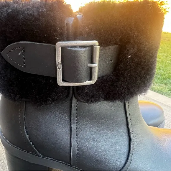 UGG Elisiana Boots Waterproof Leather Stacked Heel in Black