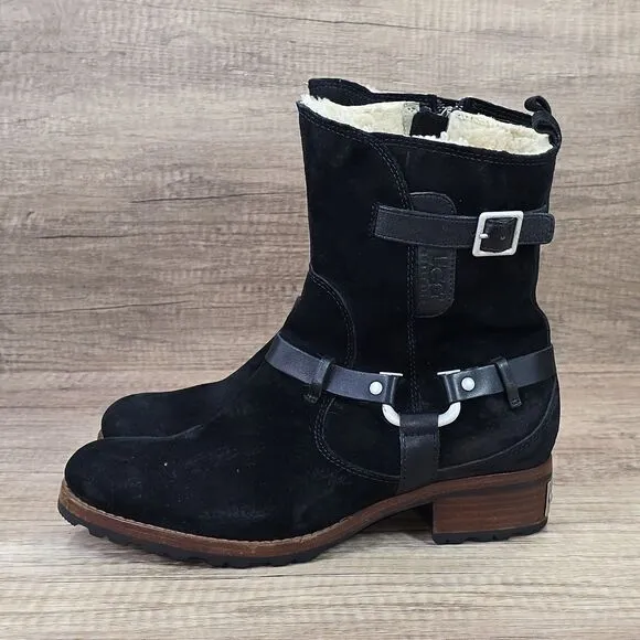 UGG Endell Women's Size 9 Black Harness Biker Suede Boots (5604)