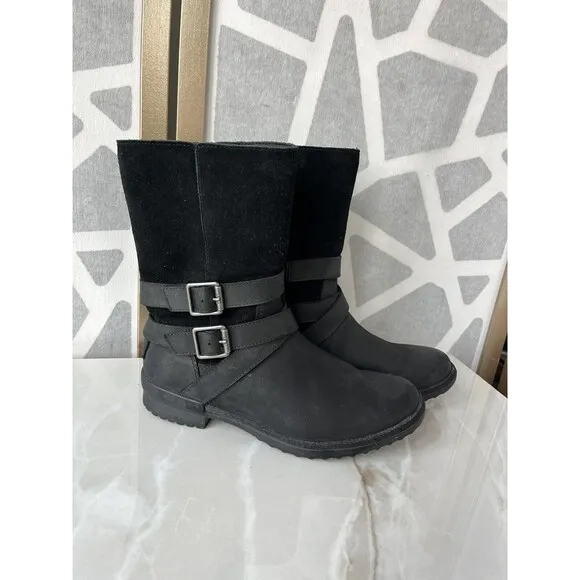 Ugg Lorna Mid Black Boots Leather Suede Zip Fur Wool Lining Sz 7
