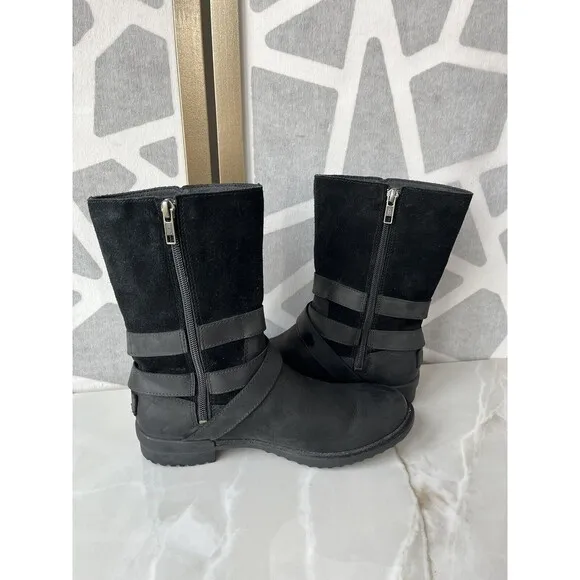 Ugg Lorna Mid Black Boots Leather Suede Zip Fur Wool Lining Sz 7