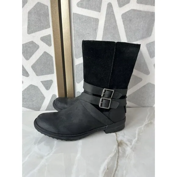 Ugg Lorna Mid Black Boots Leather Suede Zip Fur Wool Lining Sz 7