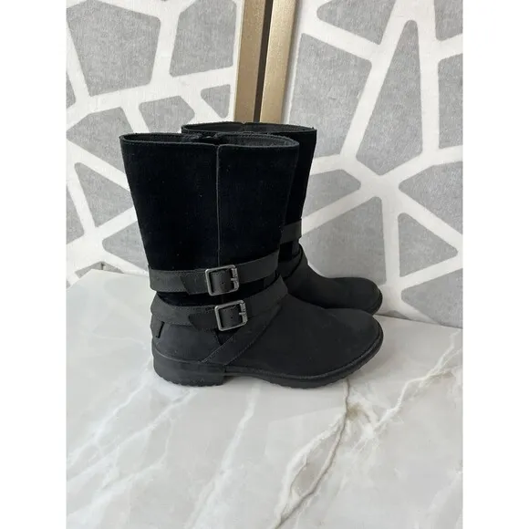 Ugg Lorna Mid Black Boots Leather Suede Zip Fur Wool Lining Sz 7