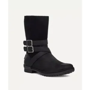 Ugg Lorna Mid Black Boots Leather Suede Zip Fur Wool Lining Sz 7