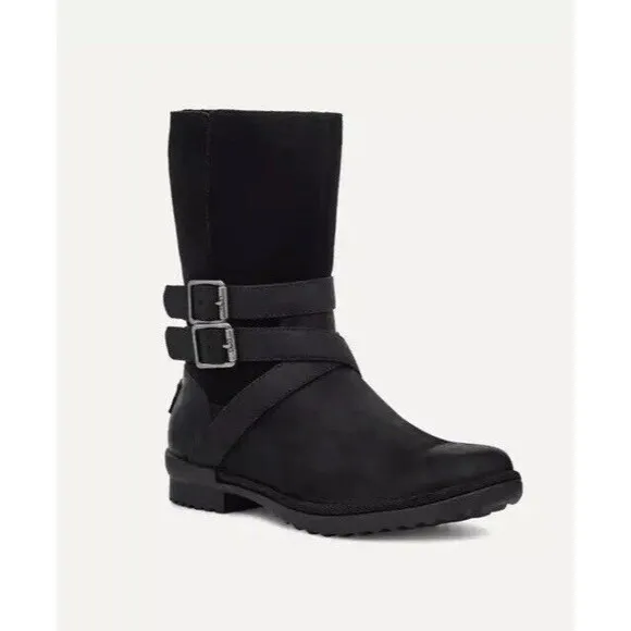 Ugg Lorna Mid Black Boots Leather Suede Zip Fur Wool Lining Sz 7