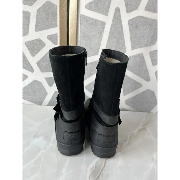 Ugg Lorna Mid Black Boots Leather Suede Zip Fur Wool Lining Sz 7