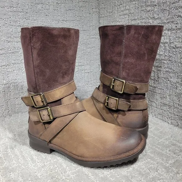 UGG Lorna Women's Size 6 US Brown Suede Leather Sheepskin Buckle Side Zip Boots