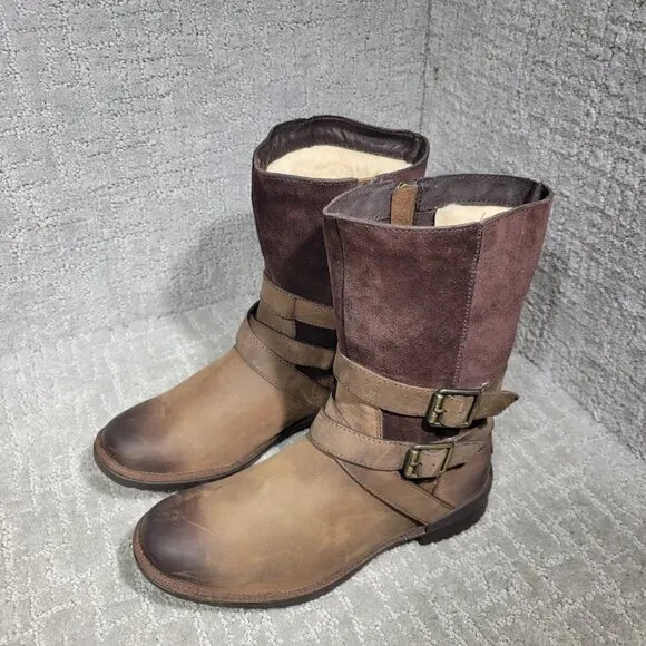 UGG Lorna Women's Size 6 US Brown Suede Leather Sheepskin Buckle Side Zip Boots