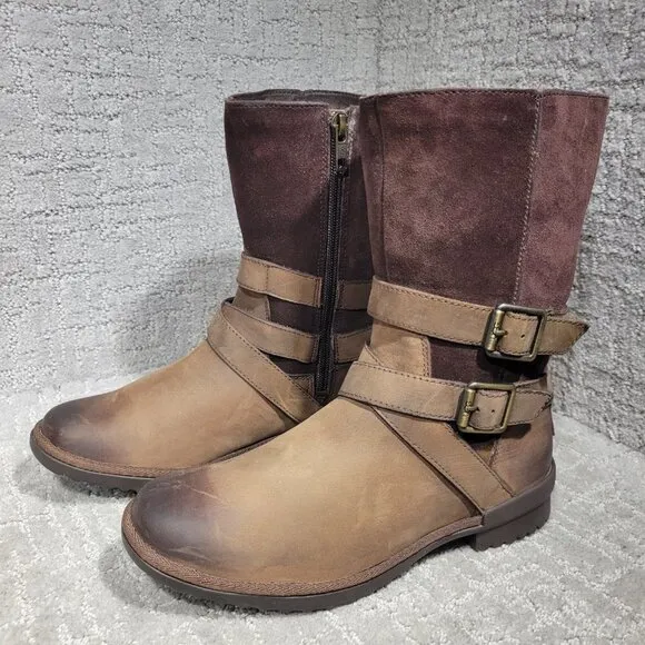 UGG Lorna Women's Size 6 US Brown Suede Leather Sheepskin Buckle Side Zip Boots