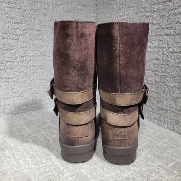 UGG Lorna Women's Size 6 US Brown Suede Leather Sheepskin Buckle Side Zip Boots