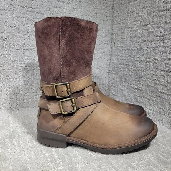 UGG Lorna Women's Size 6 US Brown Suede Leather Sheepskin Buckle Side Zip Boots