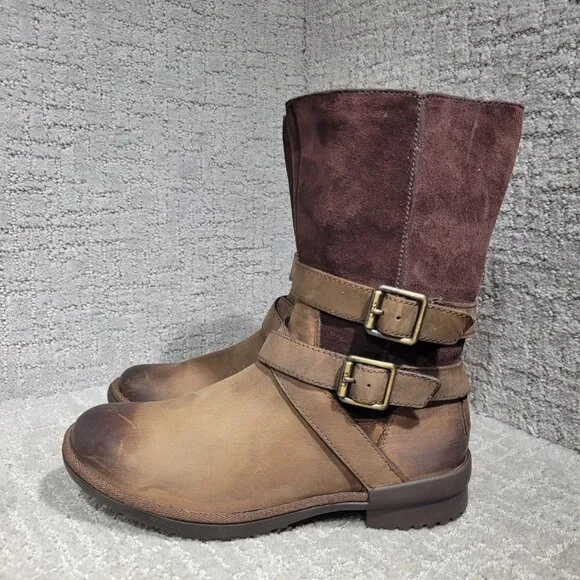 UGG Lorna Women's Size 6 US Brown Suede Leather Sheepskin Buckle Side Zip Boots