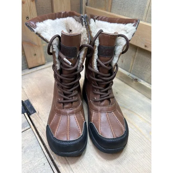 UGG US1 Youth Waterproof Brown Leather &amp; Suede Winter Boots