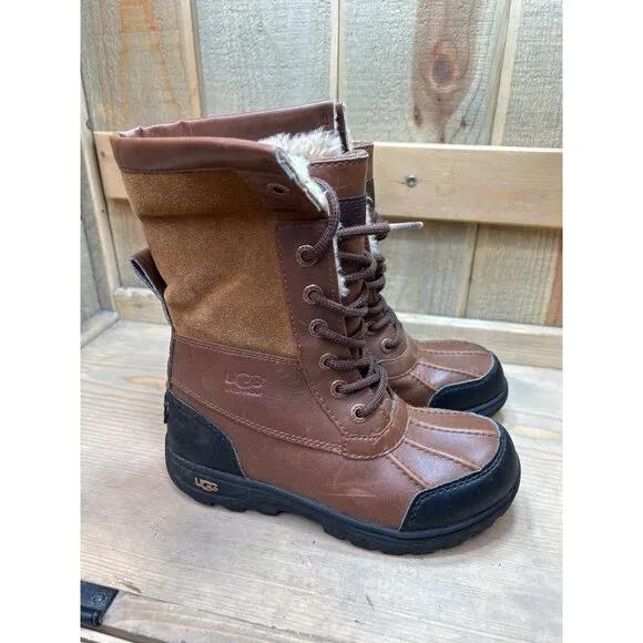 UGG US1 Youth Waterproof Brown Leather &amp; Suede Winter Boots