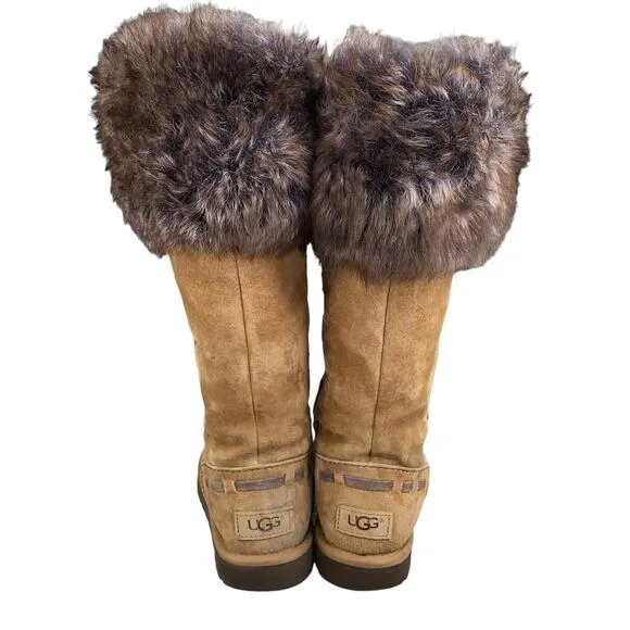 UGG Women's Rosana Chestnut Suede Fur Cuffed Wionter Boot Size US 8