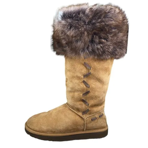 UGG Women's Rosana Chestnut Suede Fur Cuffed Wionter Boot Size US 8