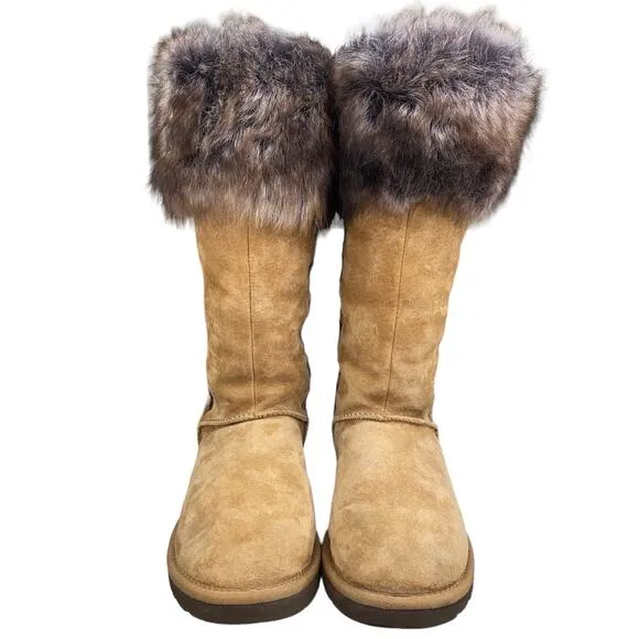 UGG Women's Rosana Chestnut Suede Fur Cuffed Wionter Boot Size US 8