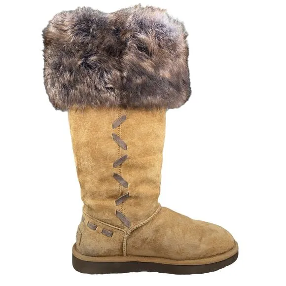 UGG Women's Rosana Chestnut Suede Fur Cuffed Wionter Boot Size US 8