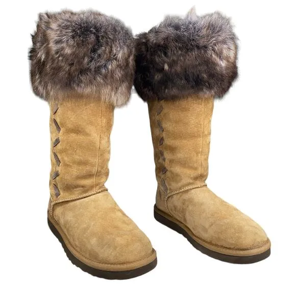 UGG Women's Rosana Chestnut Suede Fur Cuffed Wionter Boot Size US 8