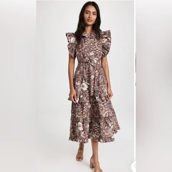 Ulla Johnson Elsie Brown Floral Ruffle Midi Dress Size 2 NWOT